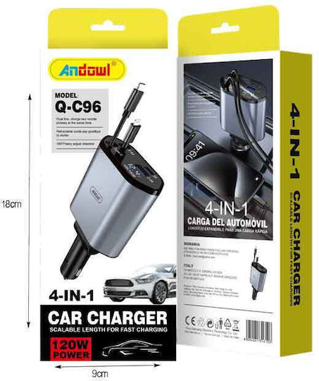 Andowl Q-C96 Φορτιστής Αυτοκινήτου 120W με Θύρες: 1xUSB-A 1xType-C μαζί με Καλώδιο Lightning / Type-C