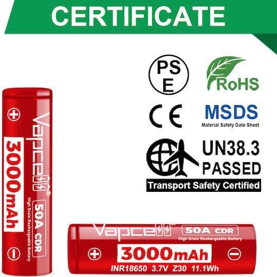 Επαναφορτιζόμενες Μπαταρίες 18650 Li-ion 3000mAh 3.7V 50A 2τμχ