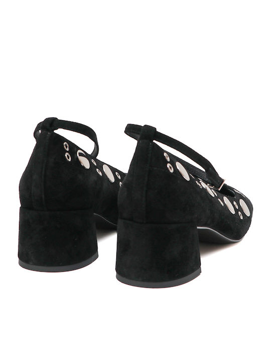 Suede Pointed Toe Heels with Strap & Chunky Mid Heel Black