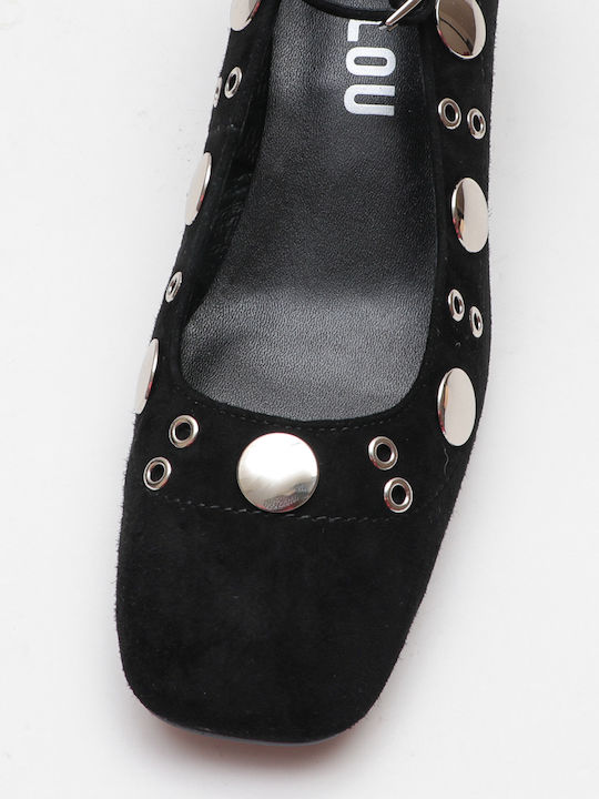Suede Pointed Toe Heels with Strap & Chunky Mid Heel Black