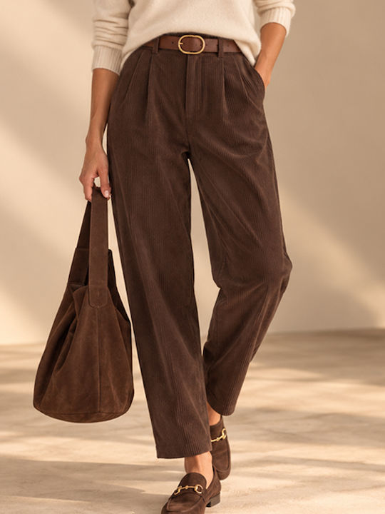 Women's High-Waisted Brown Corduroy Trousers with Elastic Waistband in Slim Fit
