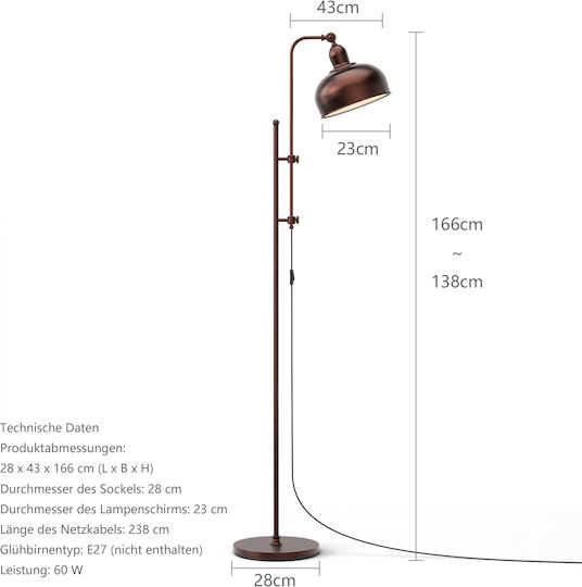 Costway Vintage Floor Lamp H166 x L43 cm with E27 Bulb Socket Copper