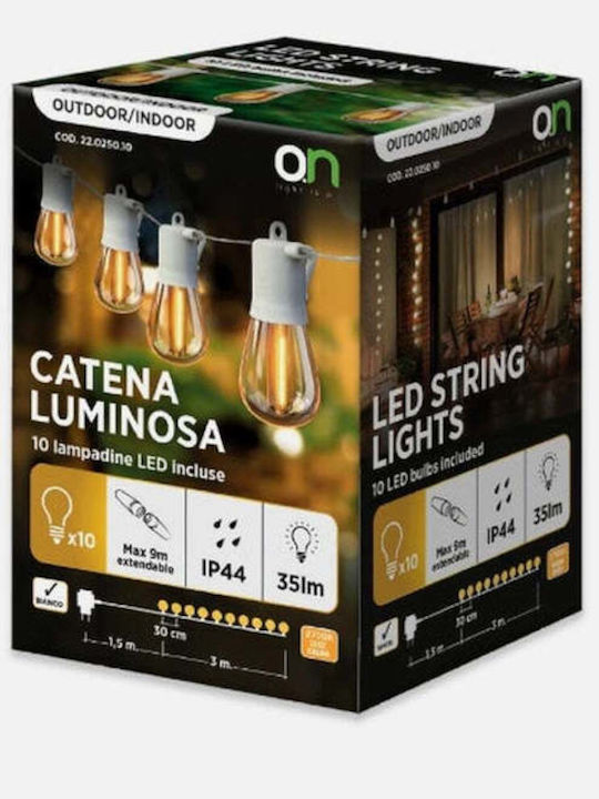 GBC Στεγανή Γιρλάντα Φωτισμού LED IP44 4.5m με 10 Λάμπες Θερμό Λευκό