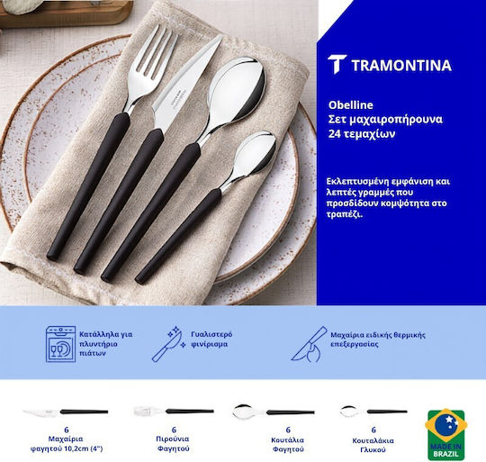 Tramontina 18/10 Stainless Steel Cutlery Set Black 24 Pieces