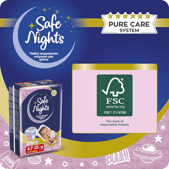Детско Абсорбиращо Нощно Бельо за Момичета на 4–7 Години (17–30 kg) Safe Nights – 14 бр. / Нощни Памперси с Екстра Попиваемост
