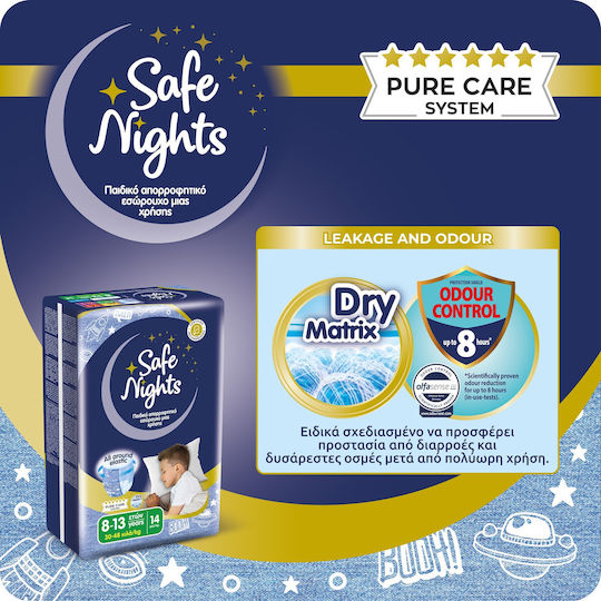 Детско Абсорбиращо Нощно Бельо за Момчета 8-13 Години (30-48kg) Safe Nights – 14 бр. / Нощни Пелени с Допълнителна Абсорбираща Способност