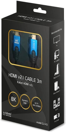 Savio HDMI 2.1 Ultra High Speed 48Gbps 4K 120Hz HDR VRR Winkel (90°) Geflochtenes HDMI-Stecker - HDMI-Stecker 3m Schwarz