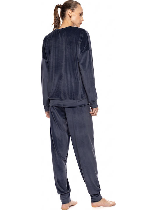 Pink Label Зимен Дамски Комплект Пижами Велур Yacht Blue