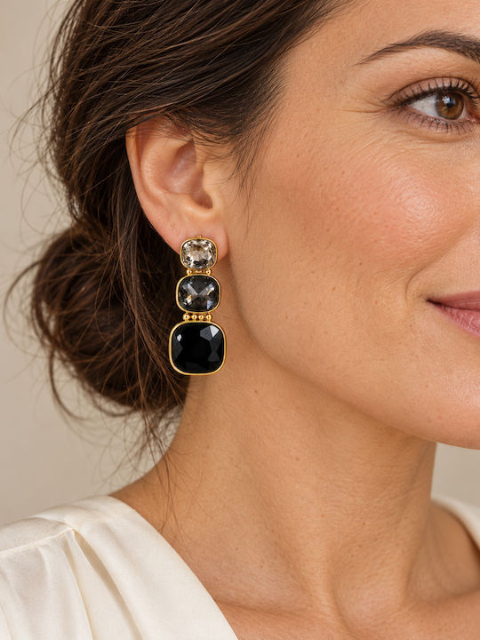 Women's Dangle Earrings Steel Grey Black Stones – Gold Tone Women's Dangle Earrings Steel Grey Black Stones – Gold Tone