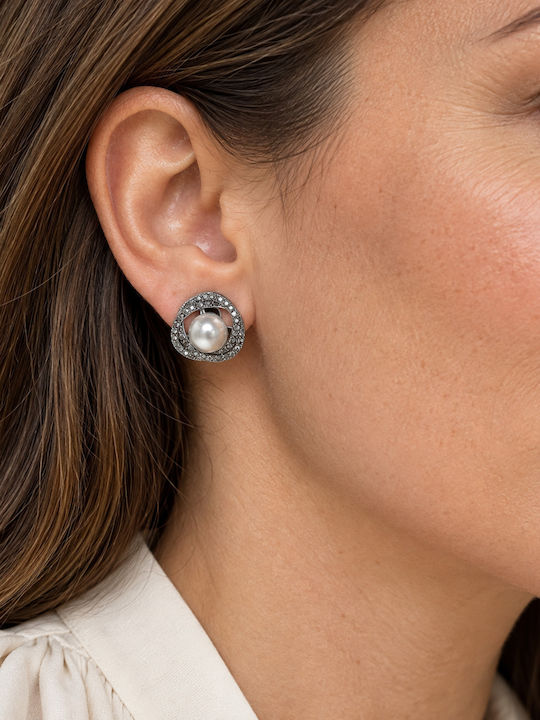 Women's Steel Earrings Silver Pearl Element with Shimmering Details Women's Steel Earrings Silver Pearl Element with Shimmering Details