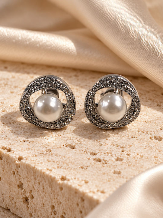 Women's Steel Earrings Silver Pearl Element with Shimmering Details
