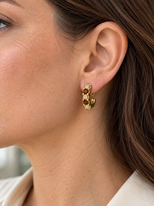 Women's Hoop Earrings Steel Brown Champagne Stones – Gold Tone Women's Hoop Earrings Steel Brown Champagne Stones – Gold Tone