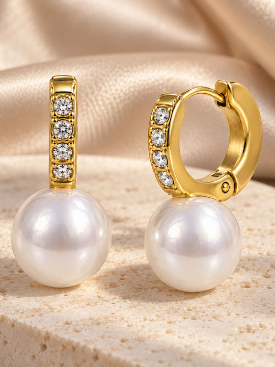 Women's Hoop Earrings Steel White Pearl Bead Stones – Gold Tone Women's Hoop Earrings Steel White Pearl Bead Stones – Gold Tone