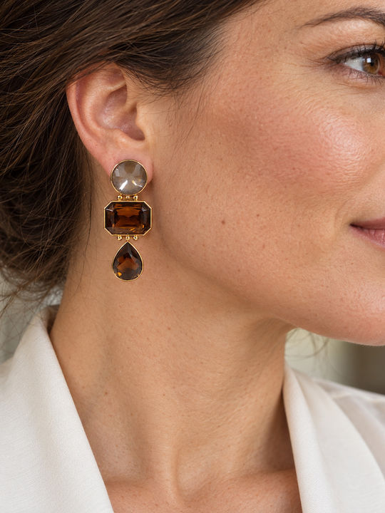 Women's Dangle Earrings Steel Brown Stones Teardrop – Gold
