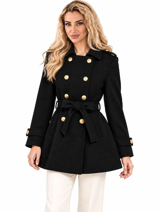 Jeansstoff Damen Karierter Mantel Schwarz mit Knöpfen