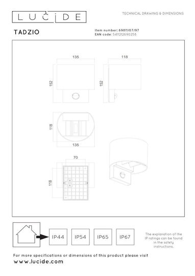 Lucide Lightning Wandleuchte für Außen IP65 11,9 x 13,6 x 15,1 cm Lucide Lightning Wandleuchte für Außen IP65 11,9 x 13,6 x 15,1 cm