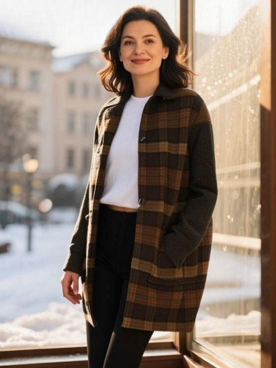 Cămașă-jachetă de Damă din Lână, în Carouri, Maro