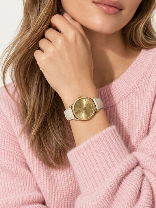 G-Timeless Damenuhr 36 mm mit Quarzwerk und Weißem Lederarmband