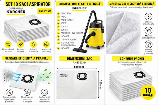 Торбички за Прахосмукачка 10 бр. Съвместими с Прахосмукачка Karcher