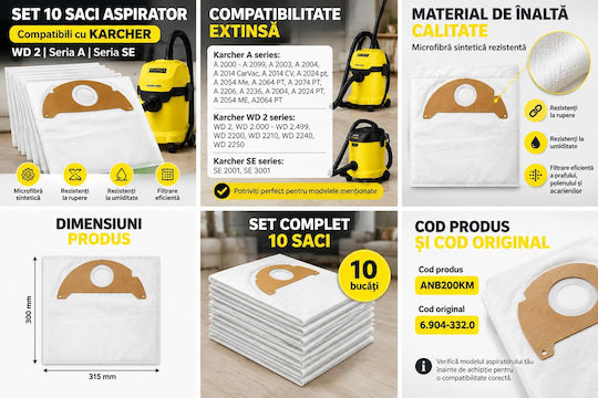 Торбички за Прахосмукачки 10 бр. Съвместими с Прахосмукачка Karcher