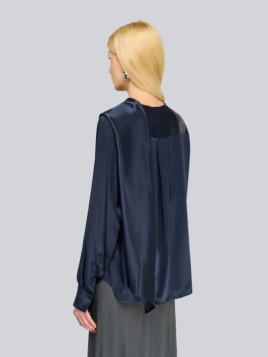Women's Satin Long Sleeve Draped Dark Blue Blouse