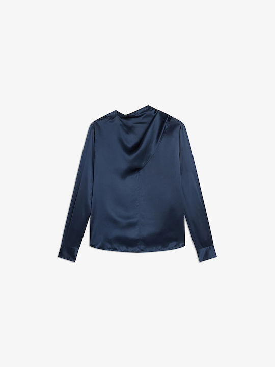 Women's Satin Long Sleeve Draped Dark Blue Blouse