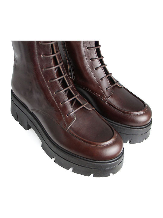 Leather Women's Ankle Boots with Medium Heel Brown
