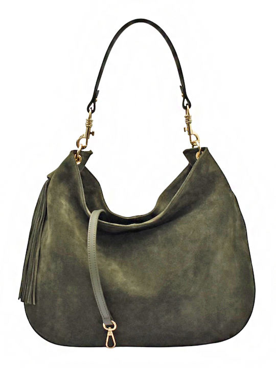Leather Knitted Women's Hobo Bag Suede with Fringes Olive Green