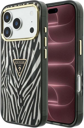 Hülle Für iPhone 18 Pro Max / iPhone 17 Pro Max – Guess Zebra Glitter Mit Dreieck-Logo, MagSafe – Schwarz/Silber