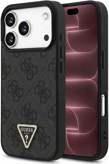 Калъф за iPhone 18 Pro Max / iPhone 17 Pro Max – Guess Leather 4g Triangle Strass Magsafe – Черен