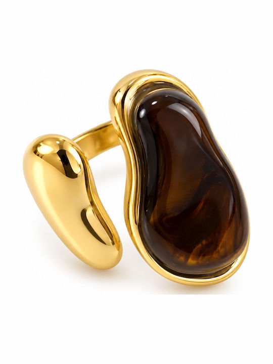 Kingleap Women's Ring with Stones, Gold-Plated Steel