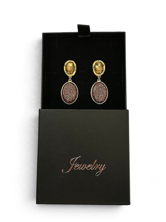 Women's Dangle Earrings Gold Oval Stones Glitter Details Prime Steel Brown Gold Women One Size Ssn298