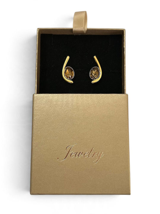 Women's Gold Earrings with Curved Design Oval Brown Stone Prime Steel Brown Gold Women One Size Ssn299