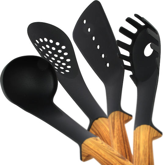 Cheffinger 6-piece Kitchen Utensil Set Wood-look Handles Rotating Stand Black