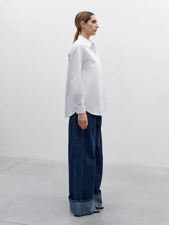Cămașă Denim Albă pentru Femei cu Mâneci Lungi