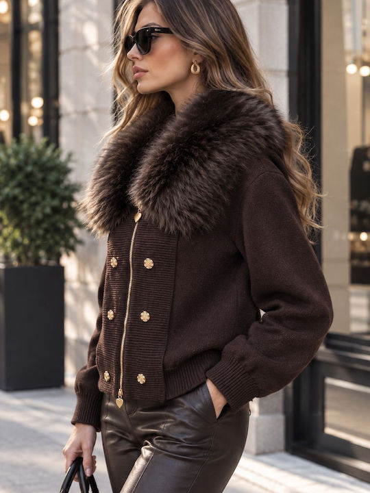 Long Women's Knitted Cardigan with Buttons Brown