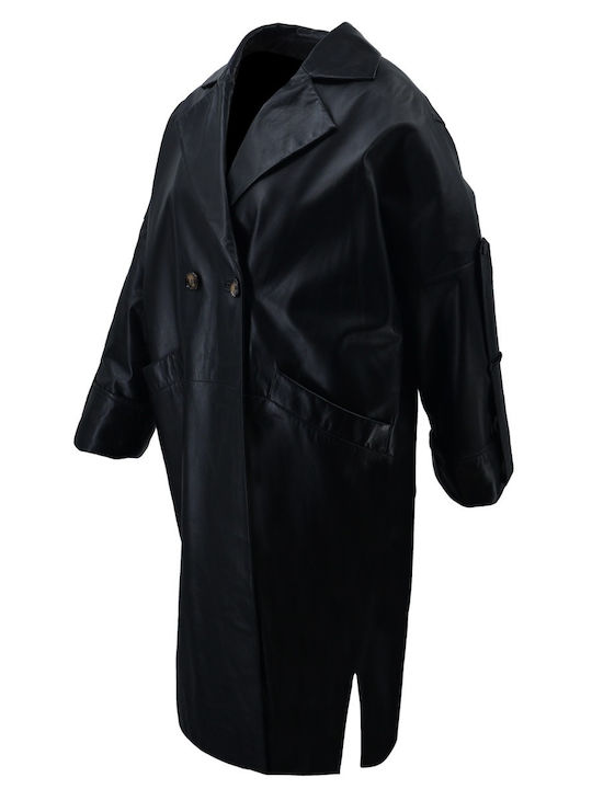 Damen-Lederhalbmantel Black mit Knöpfen