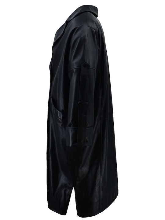 Damen-Lederhalbmantel Black mit Knöpfen