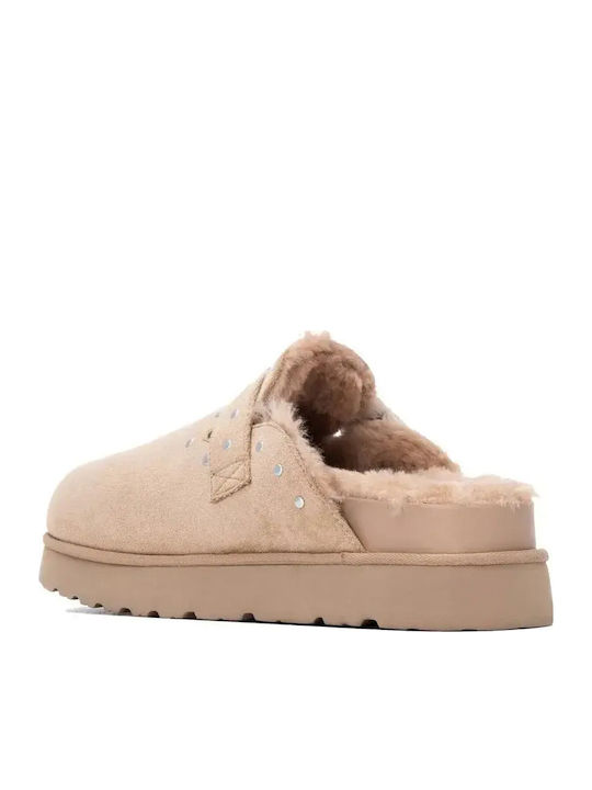 Wildleder-Clogs Damen Hausschuhe Beige