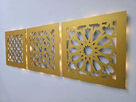Stewehome Set 3 Pieces Wooden Paintings Illuminated Pattern Led Gold 30x30 Cm Stewehome Set 3 Pieces Wooden Paintings Illuminated Pattern Led Gold 30x30 Cm