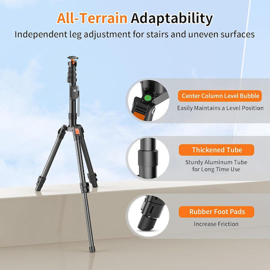 Telescopic Camera Tripod 191 Cm Tall 360° Panoramic Head Bluetooth Usb-c Remote Detachable Legs Monopod Phone Holder Carrying Bag Aluminum 8 Kg Black