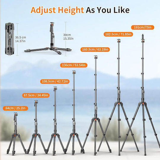 Telescopic Camera Tripod 191 Cm Tall 360° Panoramic Head Bluetooth Usb-c Remote Detachable Legs Monopod Phone Holder Carrying Bag Aluminum 8 Kg Black