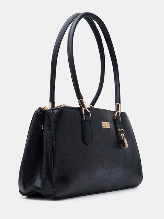 Croco Tote-Tasche für Damen aus Stoff mit Krokodilprägung Schwarz