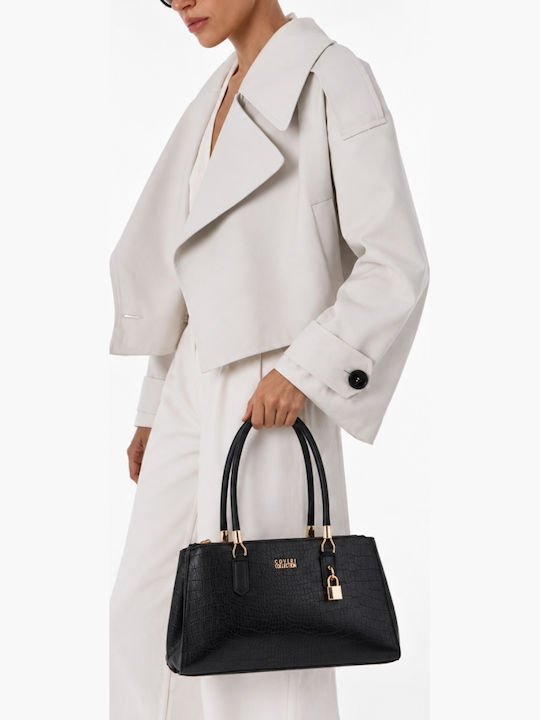 Croco Tote-Tasche für Damen aus Stoff mit Krokodilprägung Schwarz