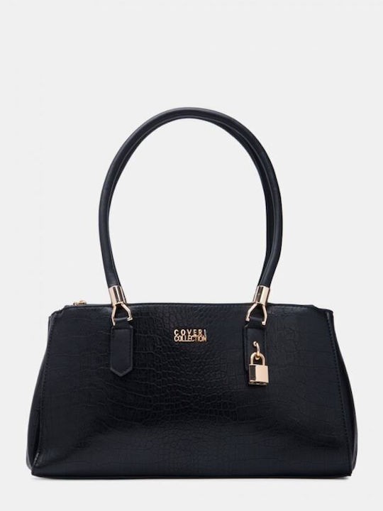 Croco Tote-Tasche für Damen aus Stoff mit Krokodilprägung Schwarz