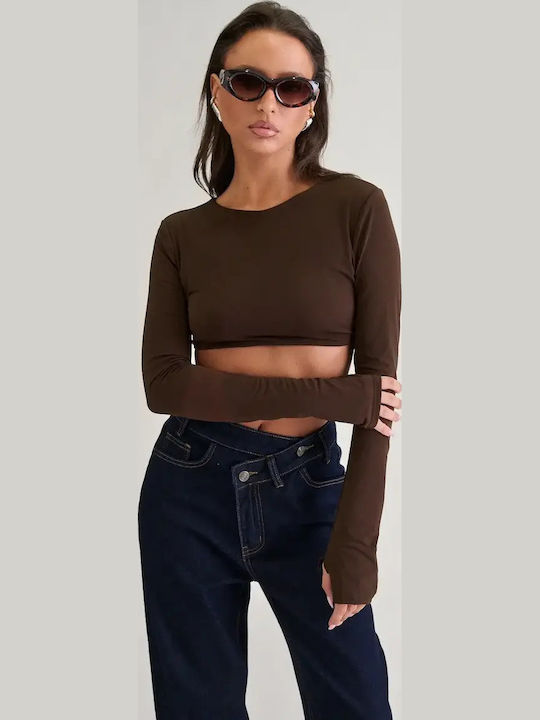 Γυναικείο Crop Top Μακρυμάνικο Καφέ