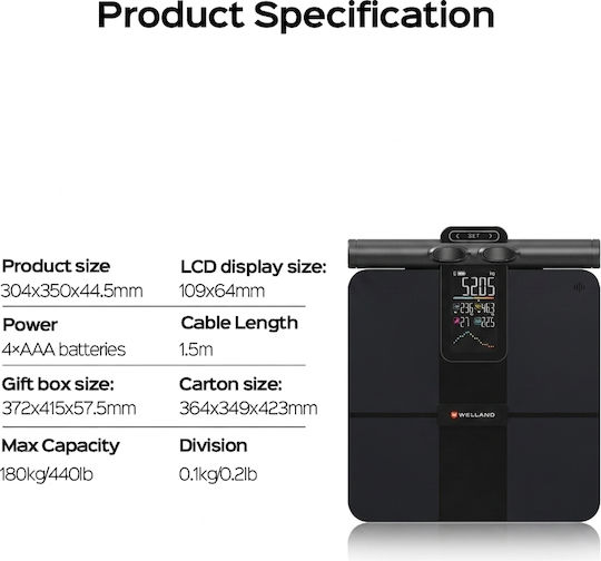 Smart Scale 180kg with Body Fat Counter & Bluetooth Black FI2419LB