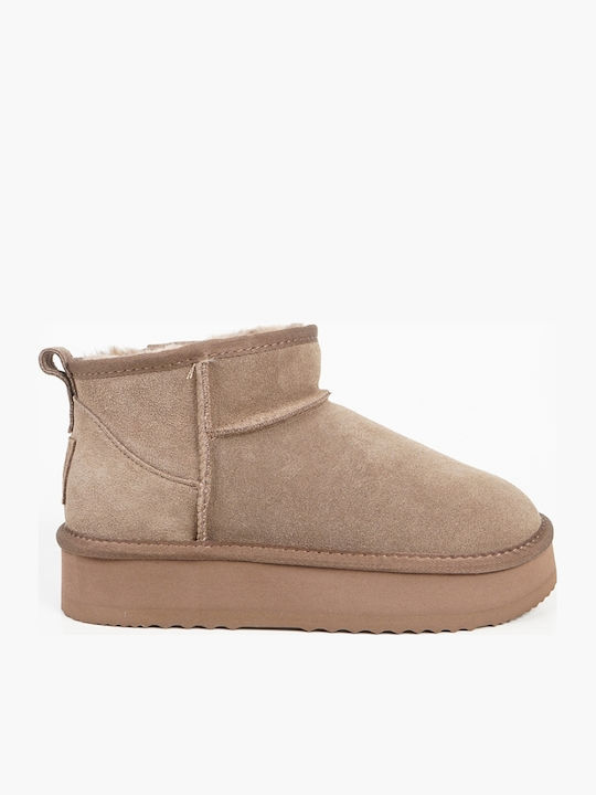Wildleder Damen Stiefeletten mit Fell in Cognac