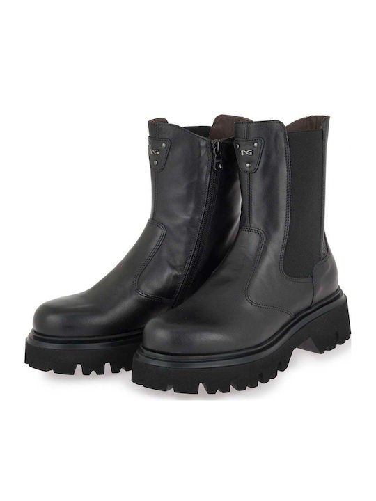 Leather Women's Ankle Boots with Mid Heel Black Leather