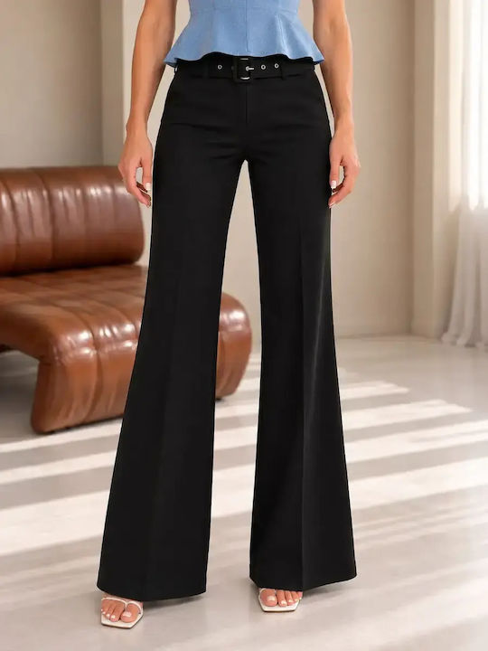 Damen-Stoffhose mit hohem Bund, ausgestelltem Bein und Slim Fit Schwarz